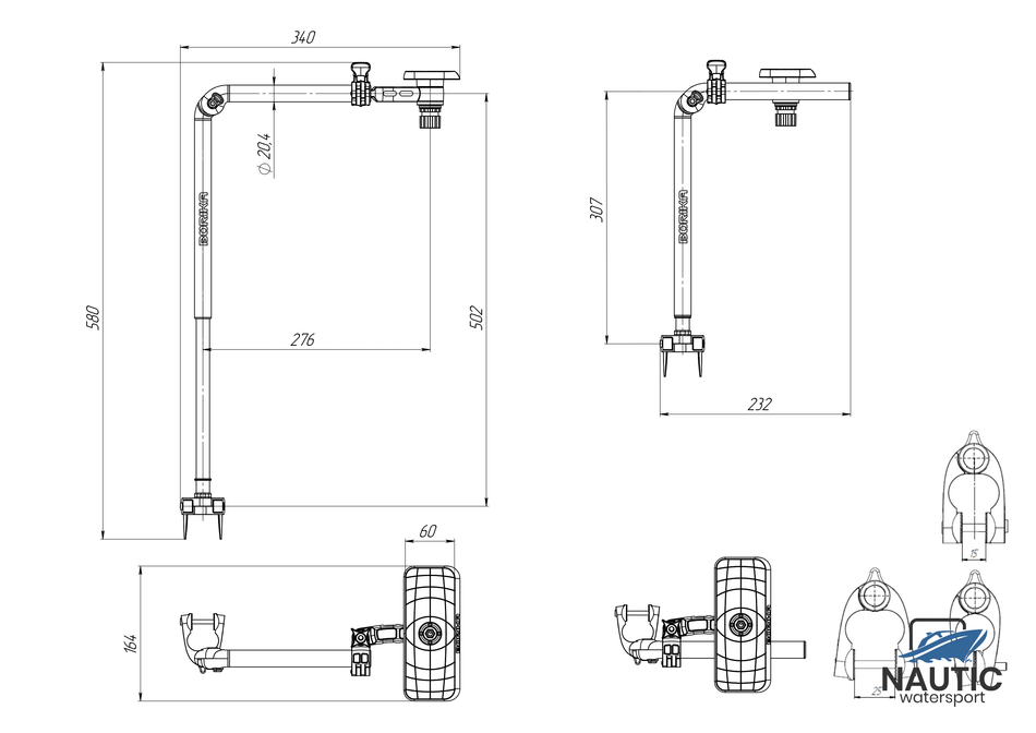 Borika telescopische transducer steun met schermhouder 7" tot 9" voor zijmontage