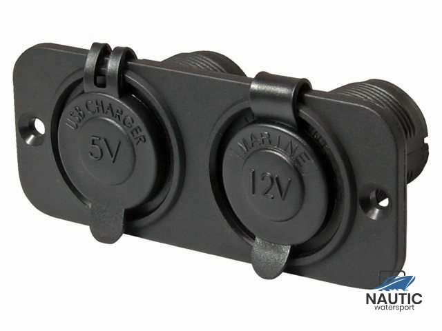 Dubbel flush frame zwart met USB 2.4A en 12V stopcontact
