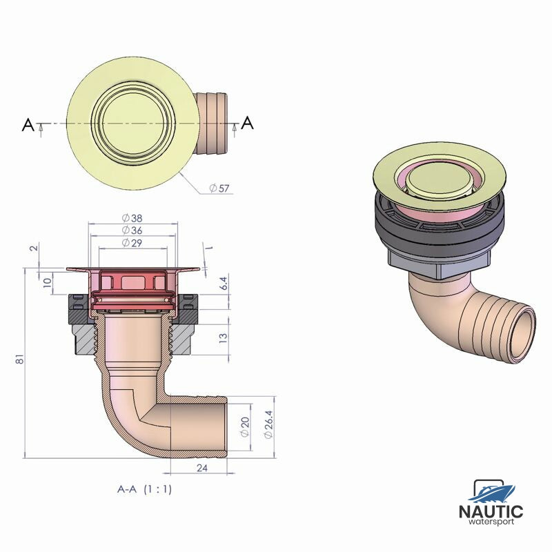 Talamex Dek/kuip doorvoer haaks rvs/acetal